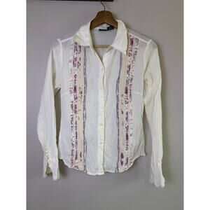 Y2K Boho Sheer Cotton Button Up Top Ribbon Trim Fairycore Medium